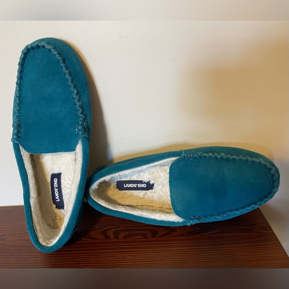 Land’s End Suede Shearling Moccasins Teal Size 9